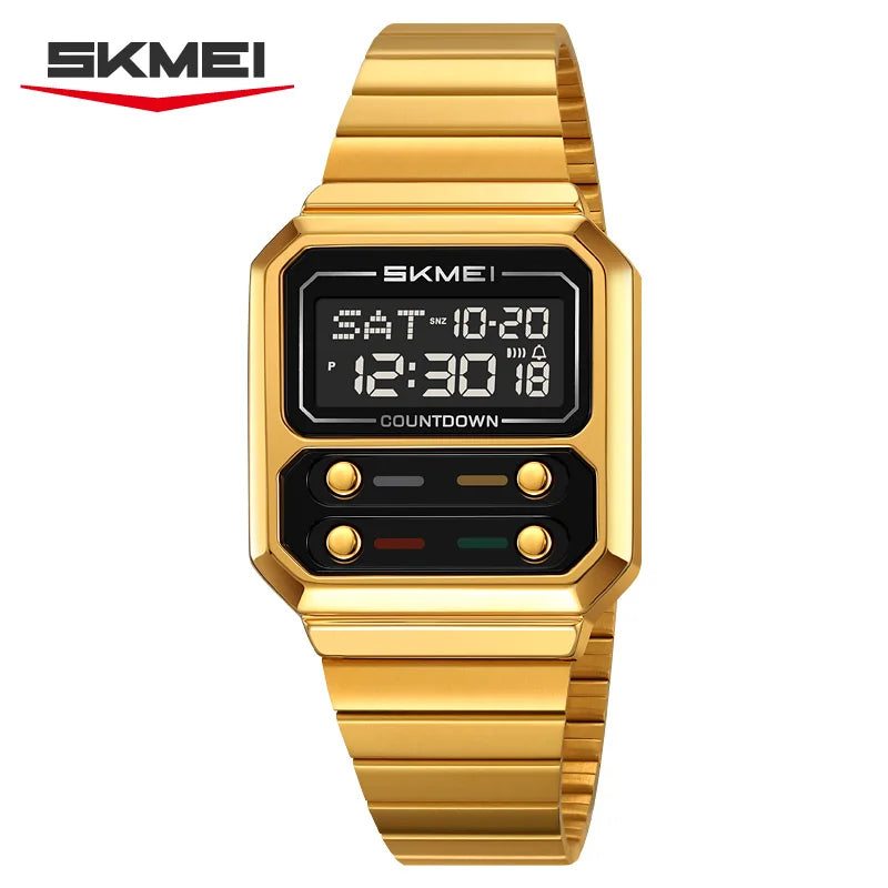 Reloj de pulsera digital para hombre SKMEI, resistente al agua, con cuenta regresiva, a prueba de golpes, de acero inoxidable y estilo lujoso