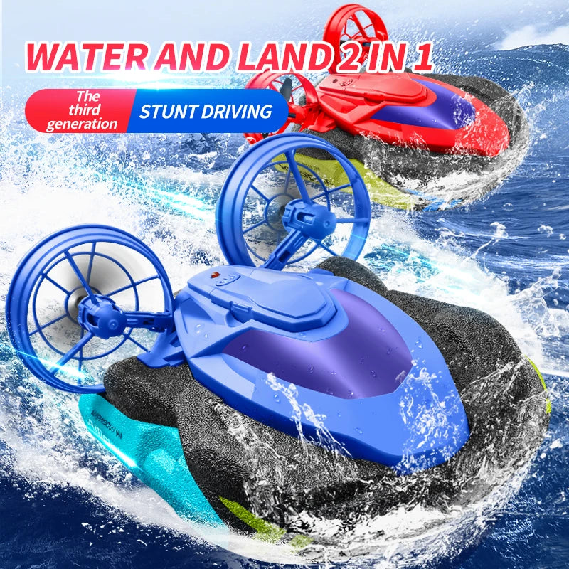 Barco de control remoto 2 en 1 de agua y tierra, aerodeslizador anfibio, 2.4G EPP, rotación de 360°, impermeable, coche RC de alta velocidad, barco aerodeslizador