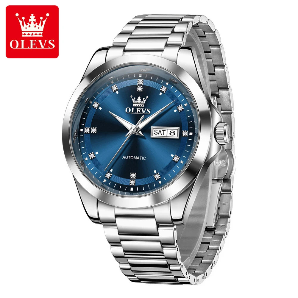 Relojes mecánicos de lujo OLEVS para hombre, reloj de pulsera automático con calendario doble, resistente al agua, luminoso, de acero inoxidable 7136
