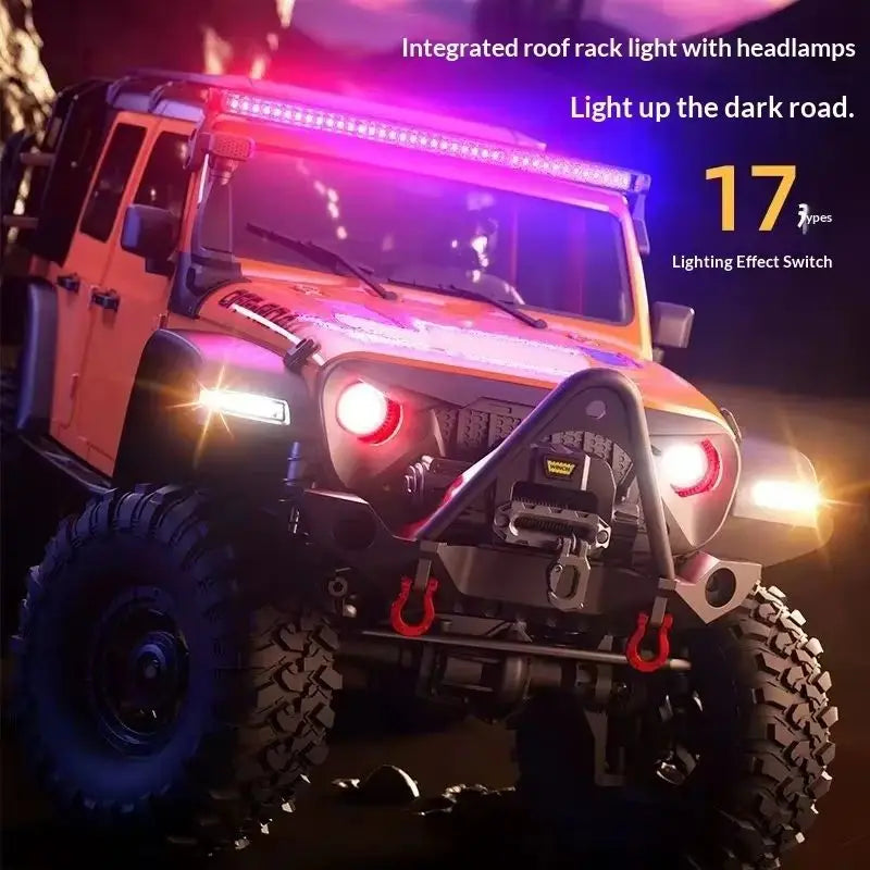 Coche RC todoterreno con luces LED en el techo y faros, en rojo.