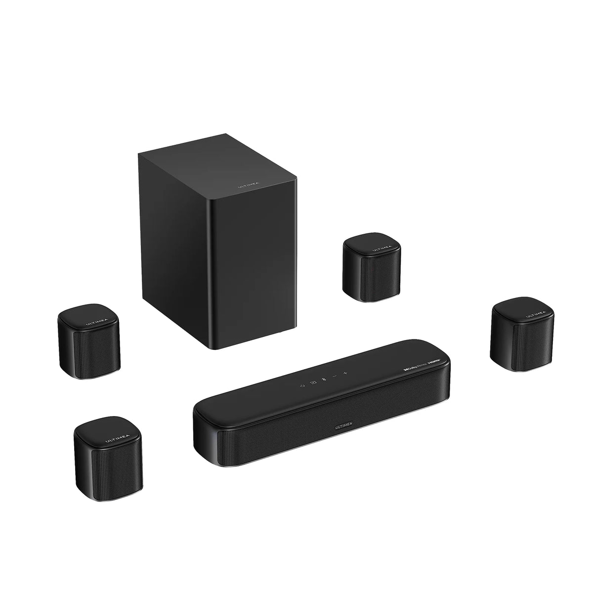 Juego de barra de sonido negra, subwoofer cuadrado y cuatro altavoces satélite cilíndricos