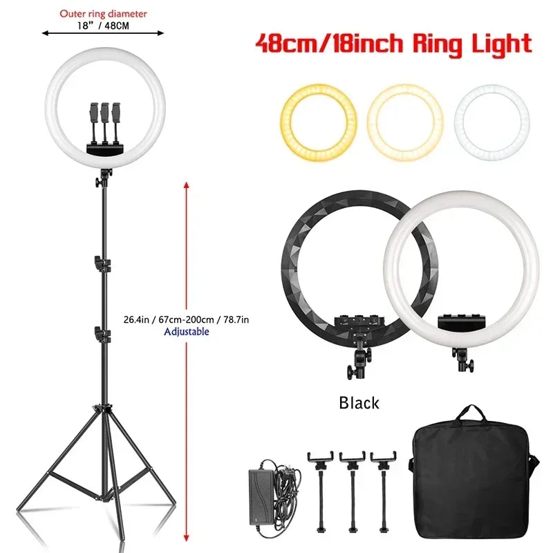 Aro de Luz LED de 45CM / 18 Pulgadas con Diferentes Estilos de Trípode o Soporte o Sin Soporte, Aro de Luz LED Grande de 18 Pulgadas con Control Remoto, Trípode, Soporte para Teléfono, Iluminación para Transmisiones en Vi