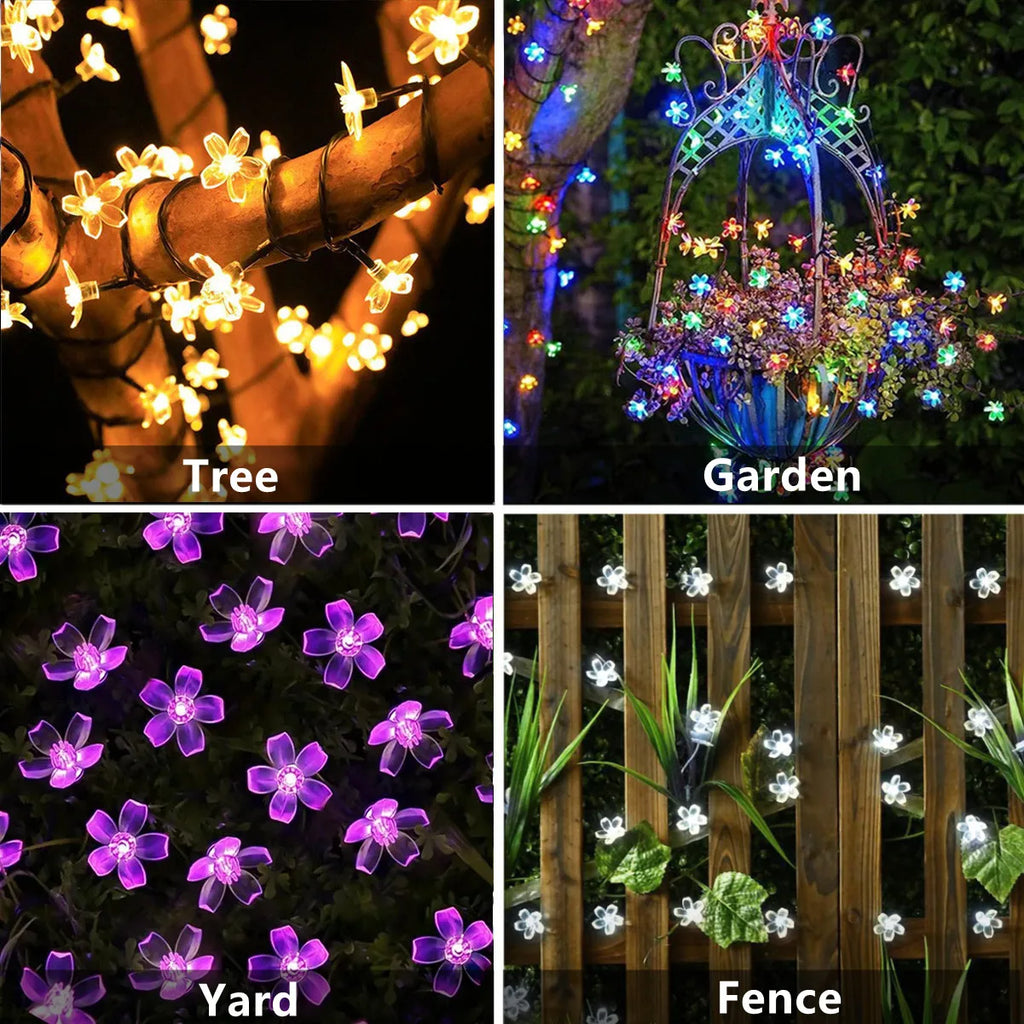 Guirnalda de luces LED solares para exteriores con flores de cerezo, 8 modos de iluminación, decoración solar para camping, jardín y Navidad