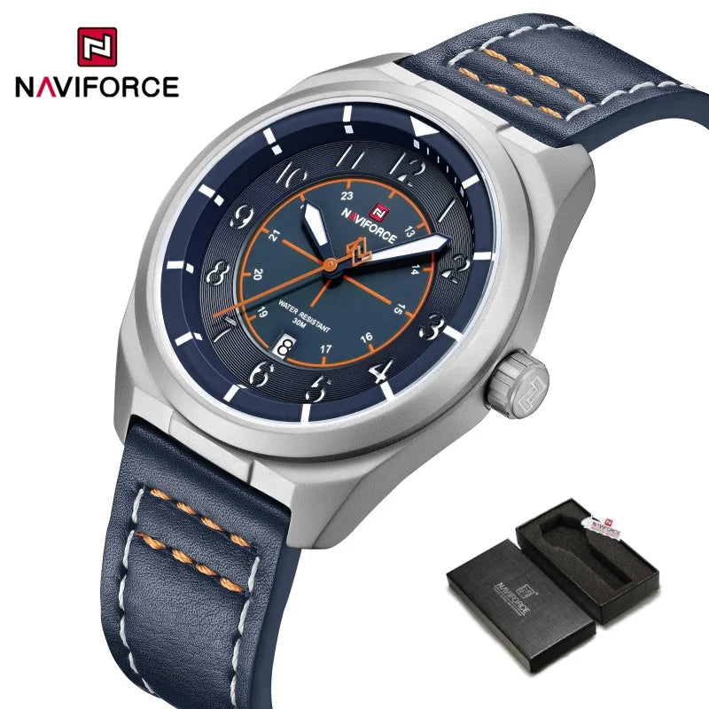 Reloj de pulsera NAVIFORCE para hombre, de cuarzo, elegante, con fecha automática, resistente al agua, de cuero genuino, para negocios, diseño único.