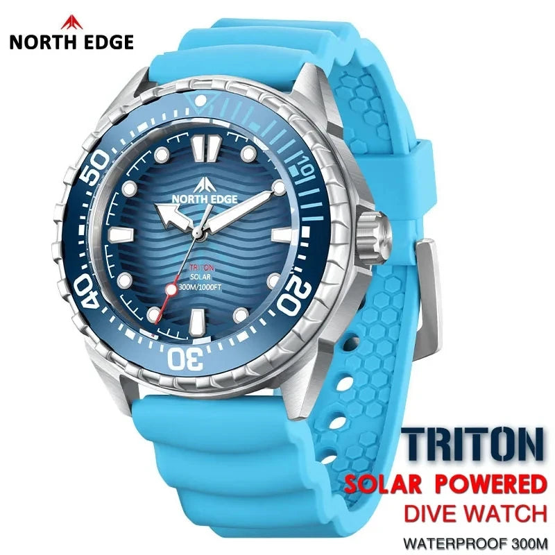 NORTH EDGE 2025 Nuevo reloj de buceo TRITON con energía solar para hombre, relojes de cuarzo de lujo para hombre, caja de acero inoxidable 316L, resistente al agua 300M