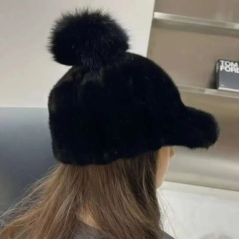 Gorro de piel de visón auténtica para mujer, gorro informal de pico de pato con bola de piel de zorro, gorro de caballero tejido a la moda, gorros de béisbol de piel auténtica gruesa