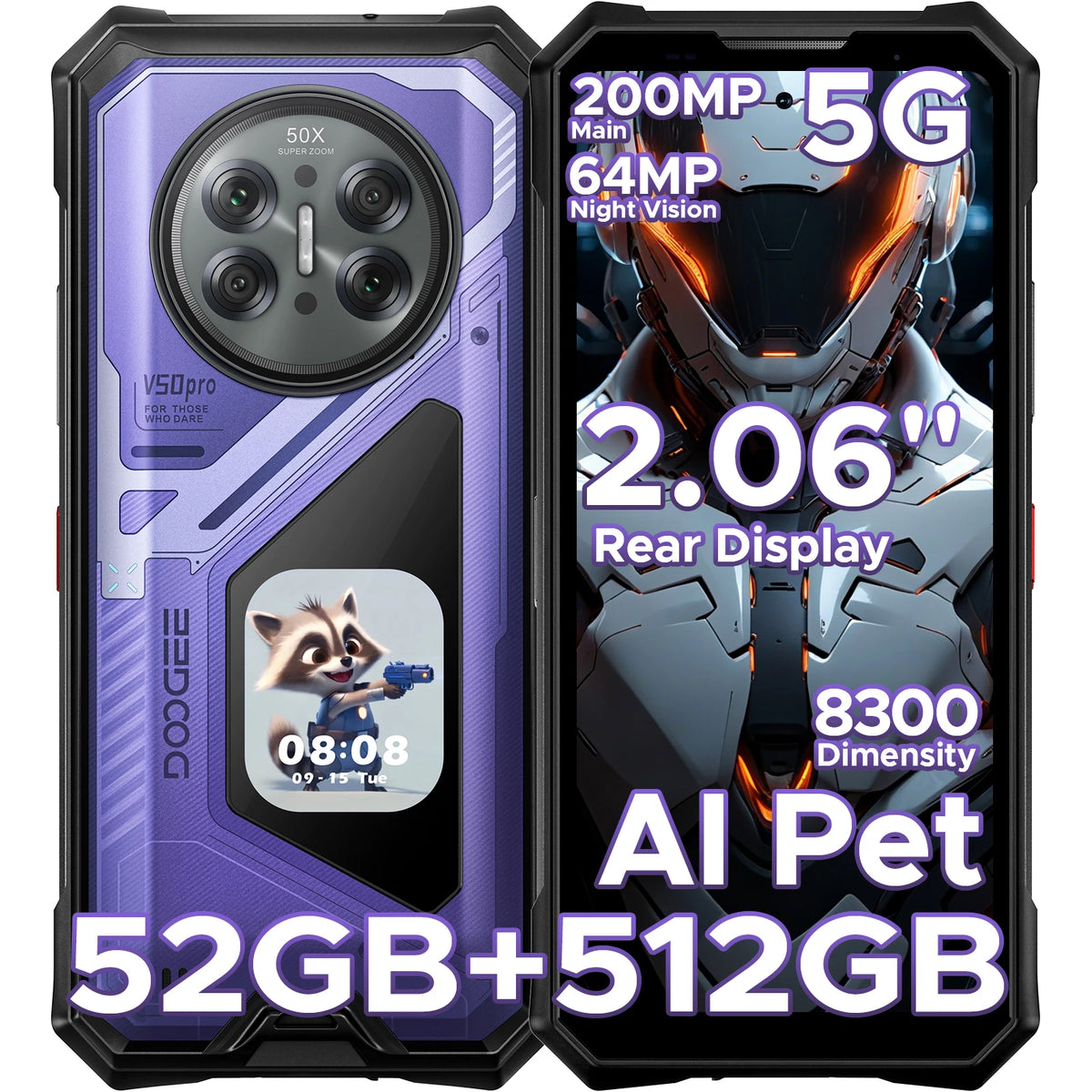 DOOGEE V50 Pro 5G AI Rugged Phone 6.78" Dimensity 8300 52GB RAM(16+36) 1TB ROM with 2.06" AMOLED Multi-function Rear Display 200MP Camera 64MP Night Vision Camera Android 16 Supports Walkie Talkie