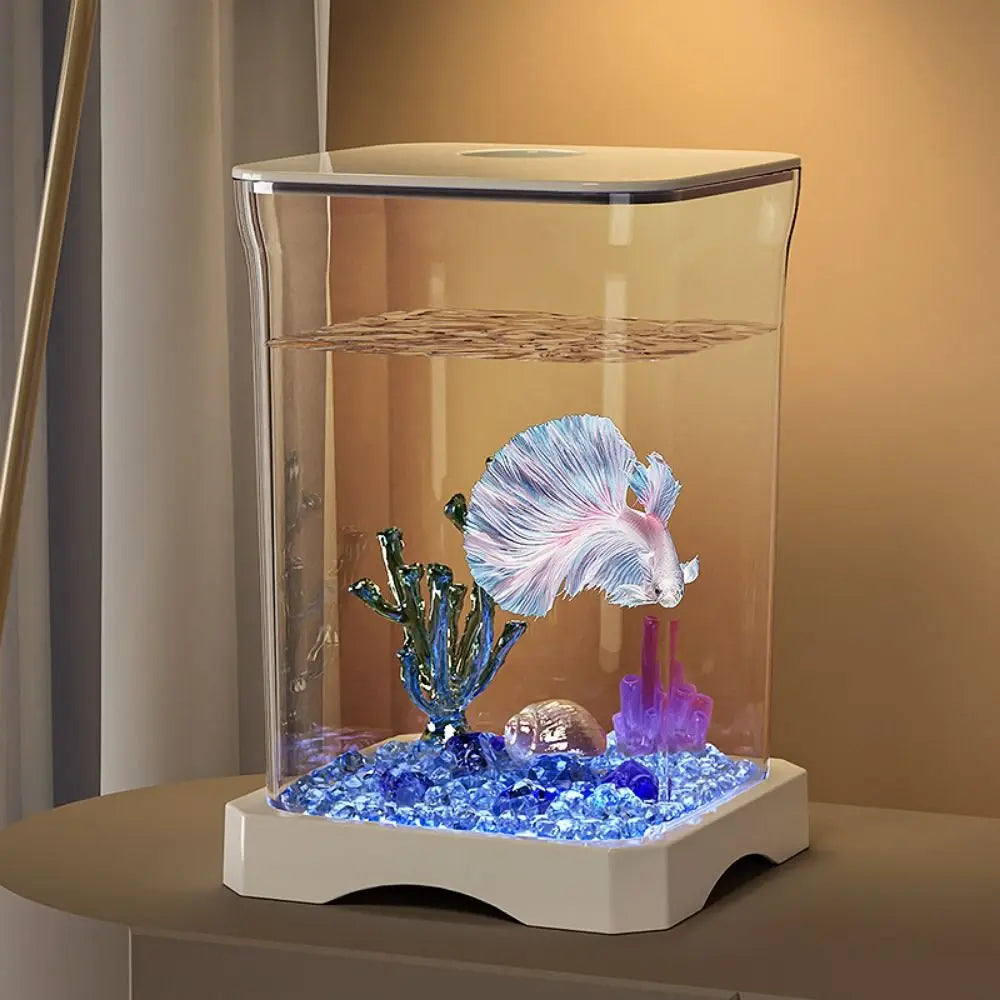 Acuario de acrílico para peces betta, pecera pequeña de alta transparencia con orificio de alimentación, pecera de paisaje extraíble