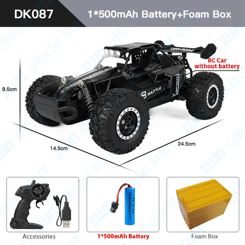Coche RC todoterreno negro con luces LED y llantas todoterreno