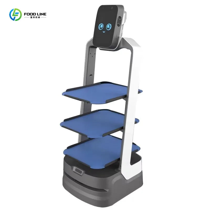 Robot de servicio con tres bandejas azules y base gris, panel frontal con iconos