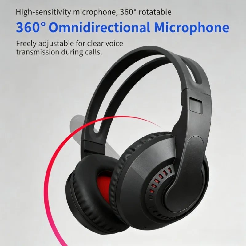 Auriculares gaming negros con micrófono giratorio 360° y LED rojo en la copa