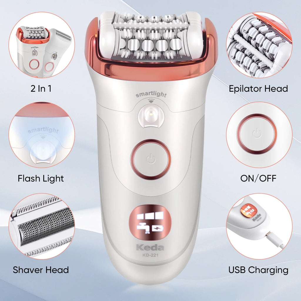 Depiladora Eléctrica Keda para Mujer, Rodillo Depilatorio Lavable para Uso Doméstico con Clip Privado y Luz