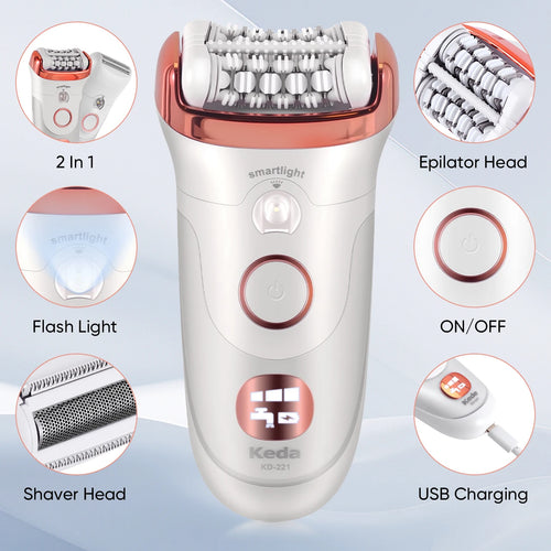Depiladora Eléctrica Keda para Mujer, Rodillo Depilatorio Lavable para Uso Doméstico con Clip Privado y Luz