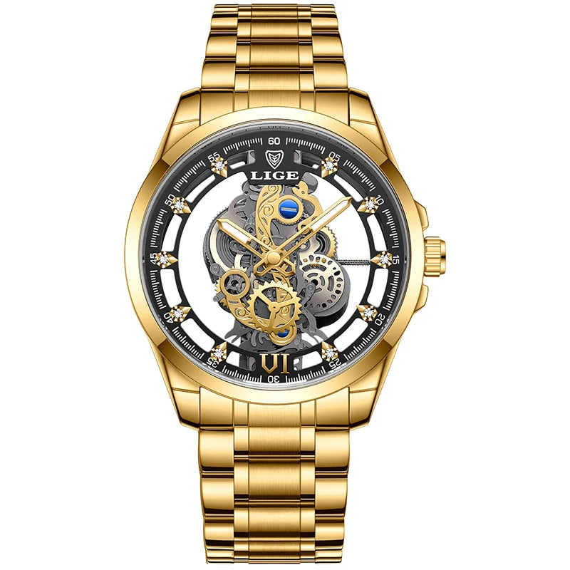 Reloj automático de cuarzo LIGE para hombre, reloj esqueleto dorado, reloj vintage para hombre, relojes de hombre de marca de lujo