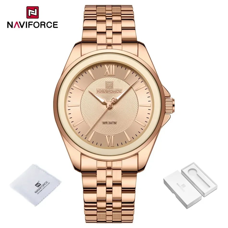 Reloj NAVIFORCE para mujer, creativo, con correa de acero inoxidable, a la moda, elegante, de cuarzo, resistente al agua 30m, reloj de pulsera femenino