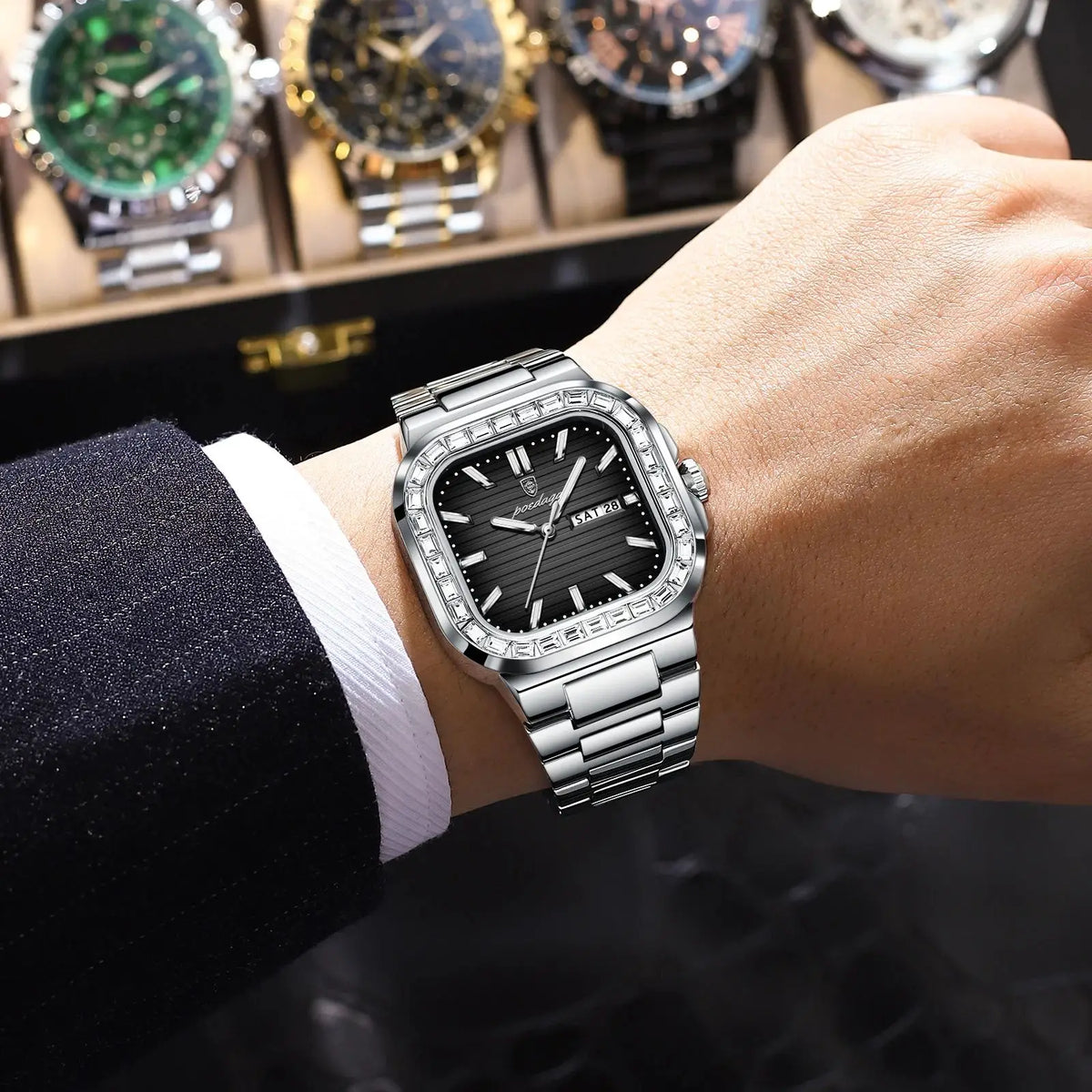 Reloj de cuarzo cuadrado para hombre POEDAGAR, a la moda, con fecha, semana, resistente al agua y luminoso, reloj de pulsera deportivo de lujo en acero inoxidable para hombre