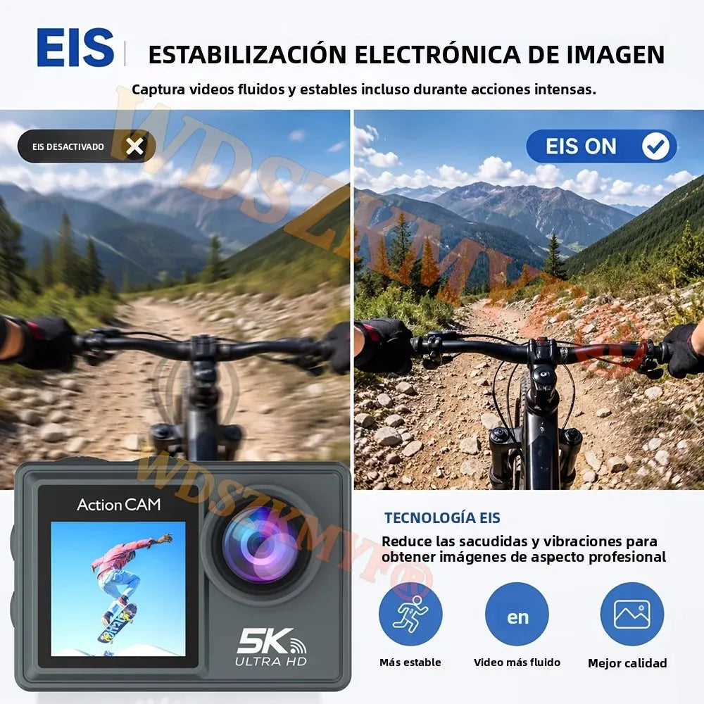 Cámara de Acción 5K 4K Resistente al Agua, Cámara de Buceo Subacuática 30M, Pantalla Dual Táctil de 2.0+1.3 Pulgadas, Kit Antivibración EIS para Casco de Motocicleta/Bicicleta