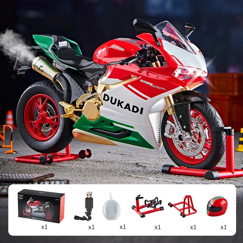 Modelo de motocicleta deportiva de aleación Key Start 1:9 1199 Panigale, modelo de motocicleta de carreras de pista fundida a presión con pulverización, sonido y luz, juguetes para niños