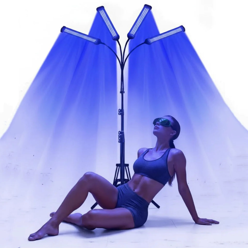 Solárium Facial de 60W para el Hogar 360 °   Lámpara de Bronceado con Luz Azul de 432 LED de 460nm y 490nm, Rotación, para Rostro y Cuerpo, Soporte Ajustable de 38-160cm