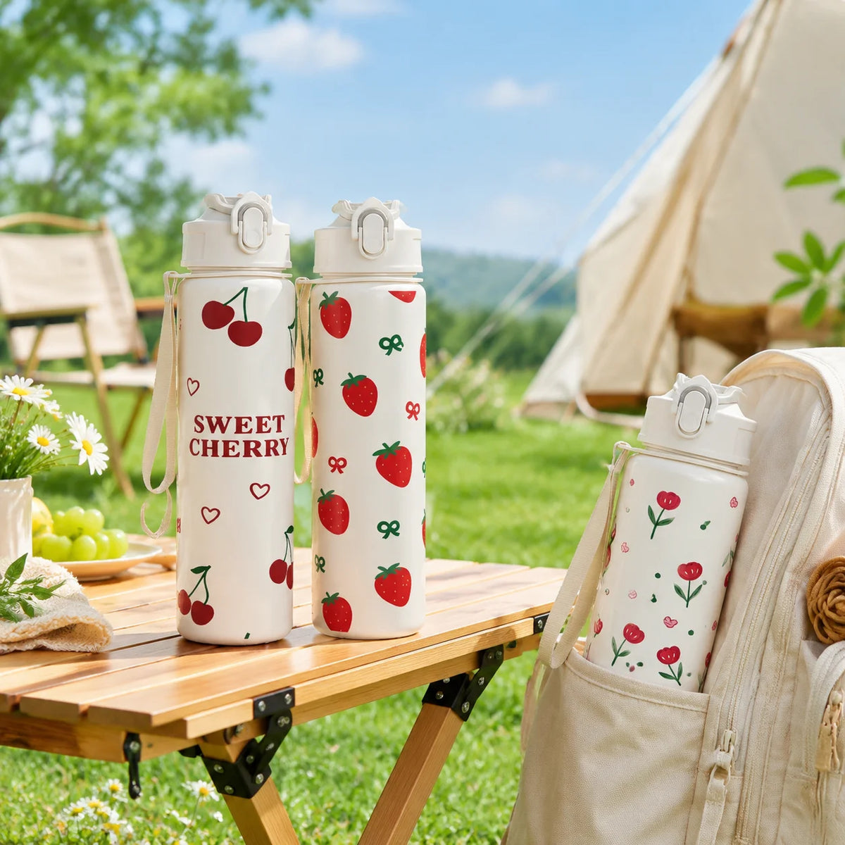 Vaso de 750 ml con diseño de fresa, cereza y lazo, base blanca pura, taza con pajita de alta calidad para deportes