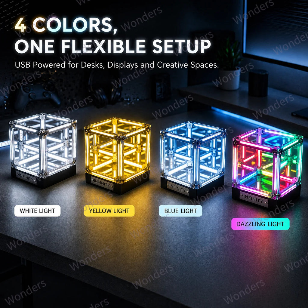 Caja LED hipercubo, decoración DIY, lámpara de mesa inalámbrica, vitrina para figuras, espejo infinito, caja 4D, adorno de túnel abismal
