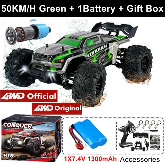 Coche RC 4x4 todoterreno verde, parachoques frontal y neumáticos de alto agarre.