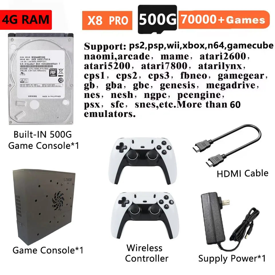 Consola de Juegos X8 Pro Mejorada con Ventilador de Refrigeración Grande, 4GB DDR3, 500GB HDD, Sistema de Juegos HD Estable