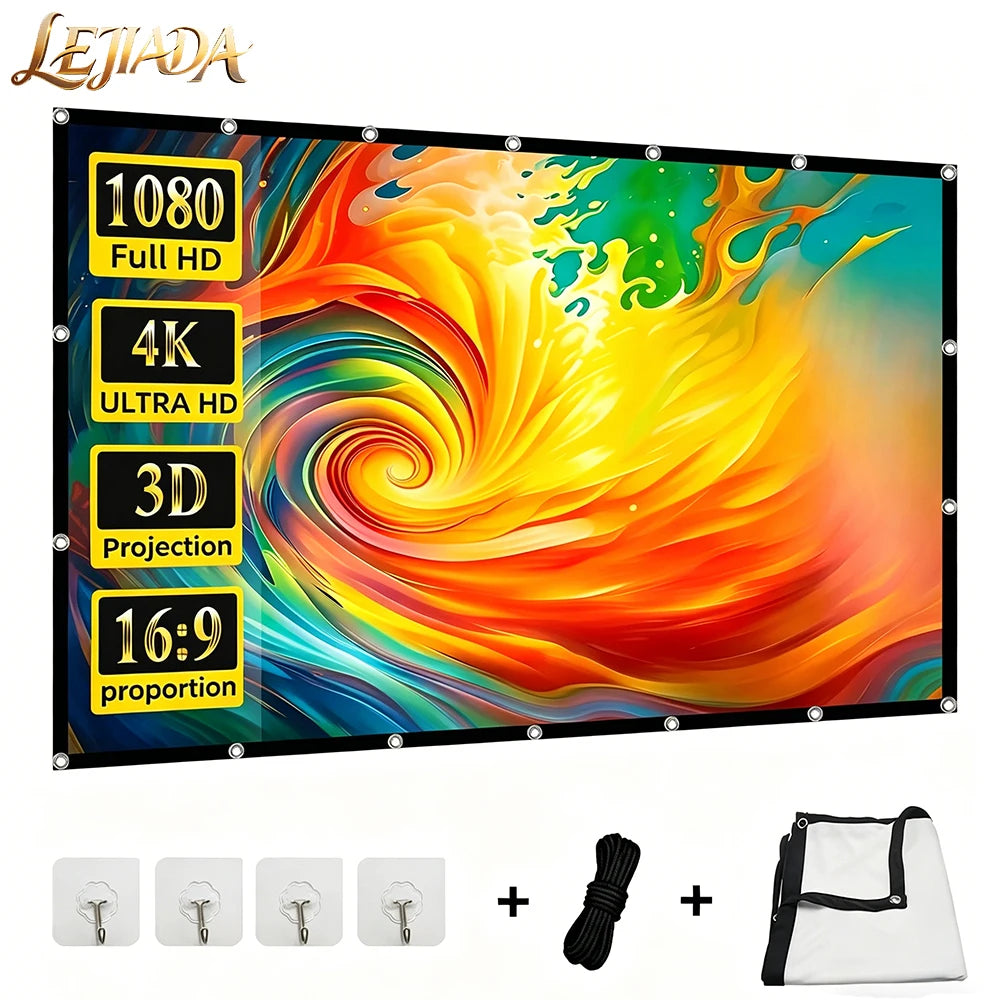Pantalla de proyector blanca 16:9 con borde negro y orificios metálicos