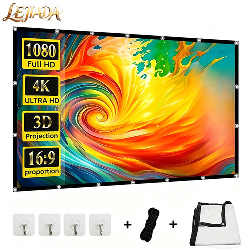 Pantalla de proyector blanca 16:9 con borde negro y orificios metálicos