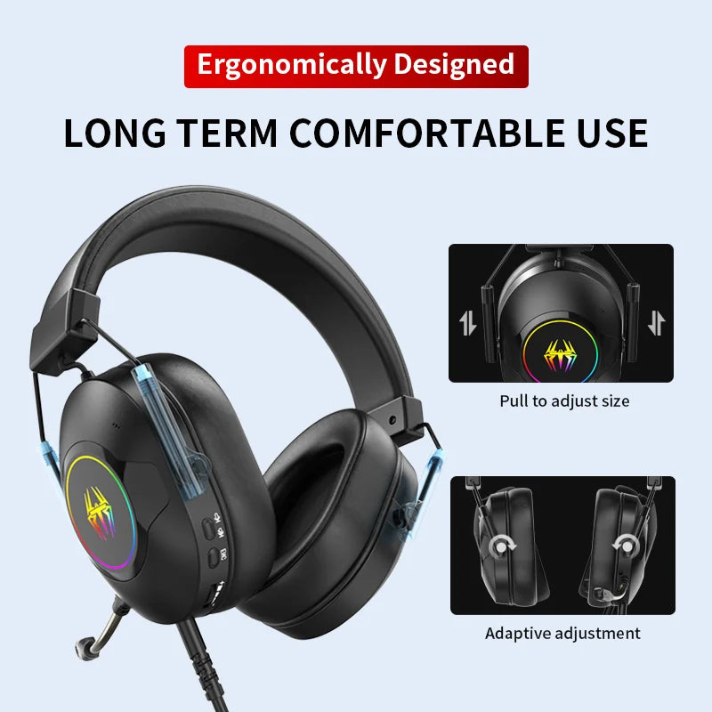 Auriculares gaming negros con diseño ergonómico y almohadillas suaves ajustables, aro RGB.