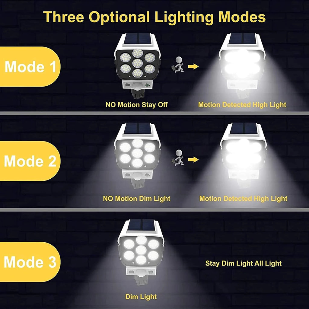 Luces solares con sensor de movimiento para exteriores, 2000 lúmenes, 77 LED, luz LED solar con sensor de movimiento, cámara de seguridad inalámbrica, focos para exteriores