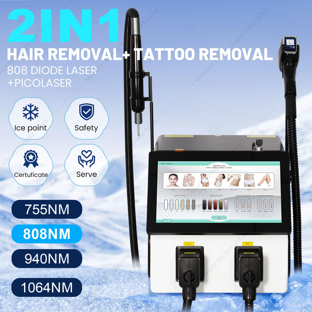 Máquina de Picosegundos con Diodo Láser 2 EN 1 FAC 10BARS, 4 Longitudes de Onda 755 808 940 1064nm, Depilación Permanente Indolora con Hielo, Eliminación de Tatuajes