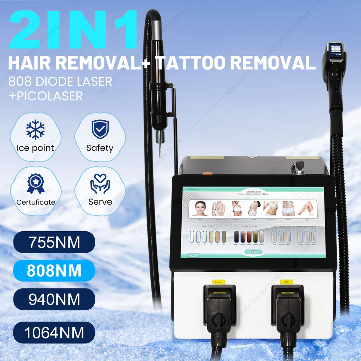 Máquina de Picosegundos con Diodo Láser 2 EN 1 FAC 10BARS, 4 Longitudes de Onda 755 808 940 1064nm, Depilación Permanente Indolora con Hielo, Eliminación de Tatuajes