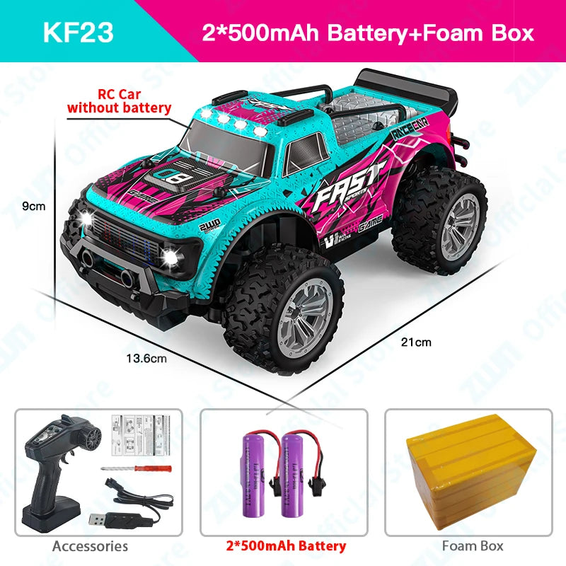 Vehículo RC 2WD KF23 azul y rosa con ruedas grandes, batería y caja de espuma