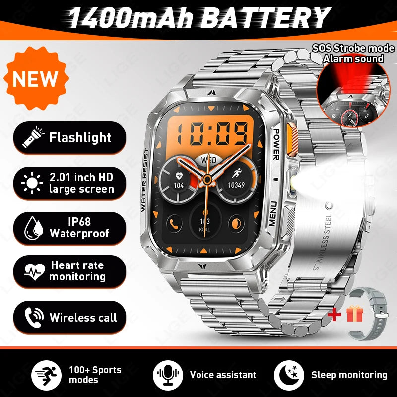 Reloj inteligente militar LIGE de 1400 mAh con batería de larga duración, pantalla HD de 2.01", linterna LED y luz SOS, llamadas BT y monitor de salud para hombre