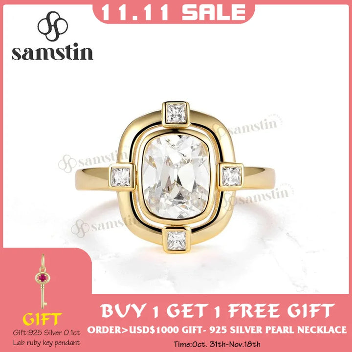 Anillos Samstin 3CT OMC de Moissanita para Mujer, Oro Amarillo Sólido de 14K/10K, Corte Cojín, Anillo de Diamantes para Regalos de Aniversario y Navidad