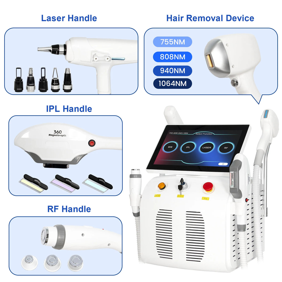 Máquina de Depilación Láser de Diodo 4 en 1, la Más Nueva, Pico 808, Peeling de Carbono, RF, IPL, Nd Yag, Picosegundo, Opt, Eliminación de Tatuajes