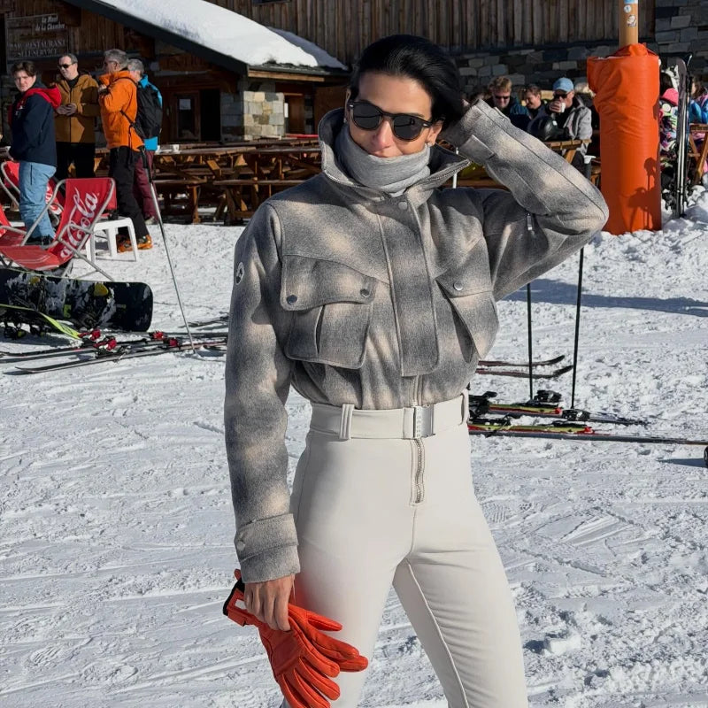 Traje de esquí de una pieza para mujer, cuello alto, cortavientos, con cremallera, cinturón, cintura alta, ajuste delgado, mono de nieve, novedad de invierno