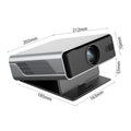 Proyector compacto gris con soporte, medidas del largo y ancho indicadas