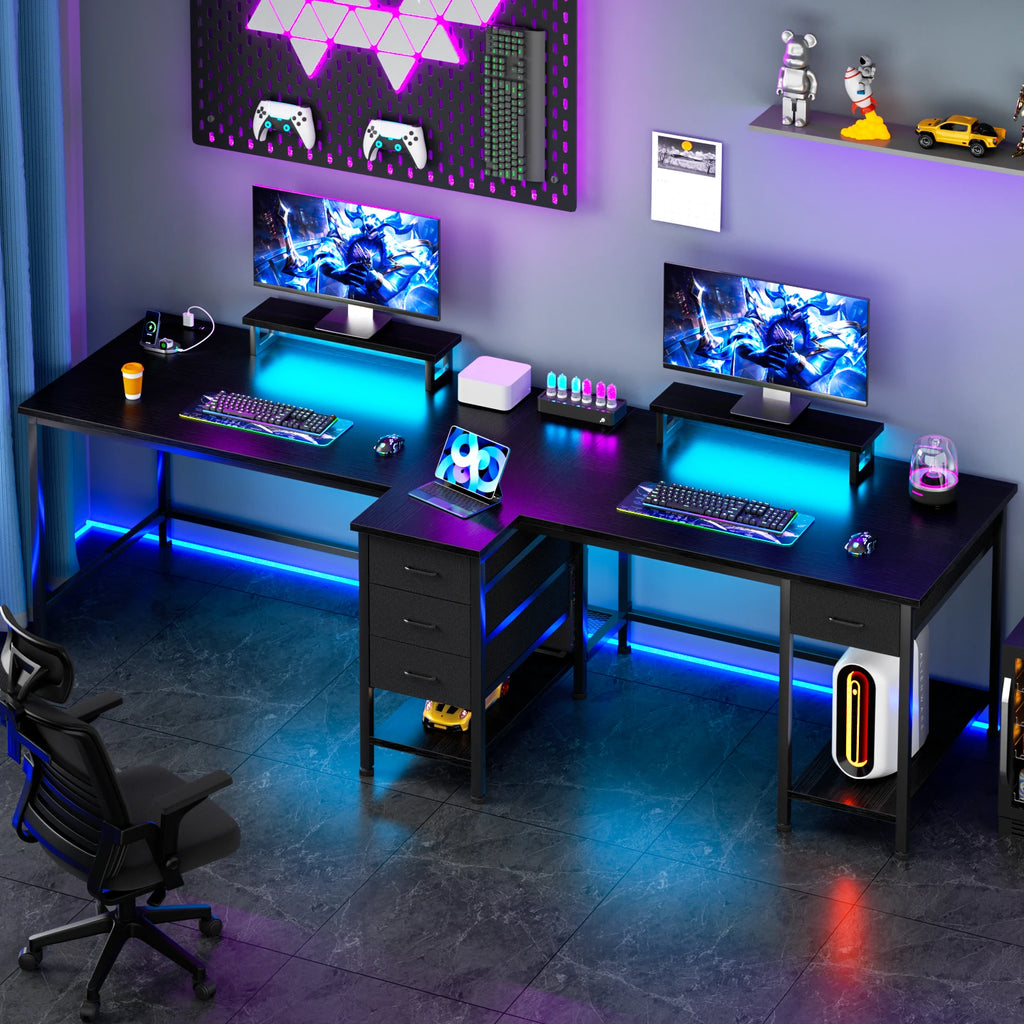 Escritorio doble negro para oficina, con luces LED azules y cajones laterales