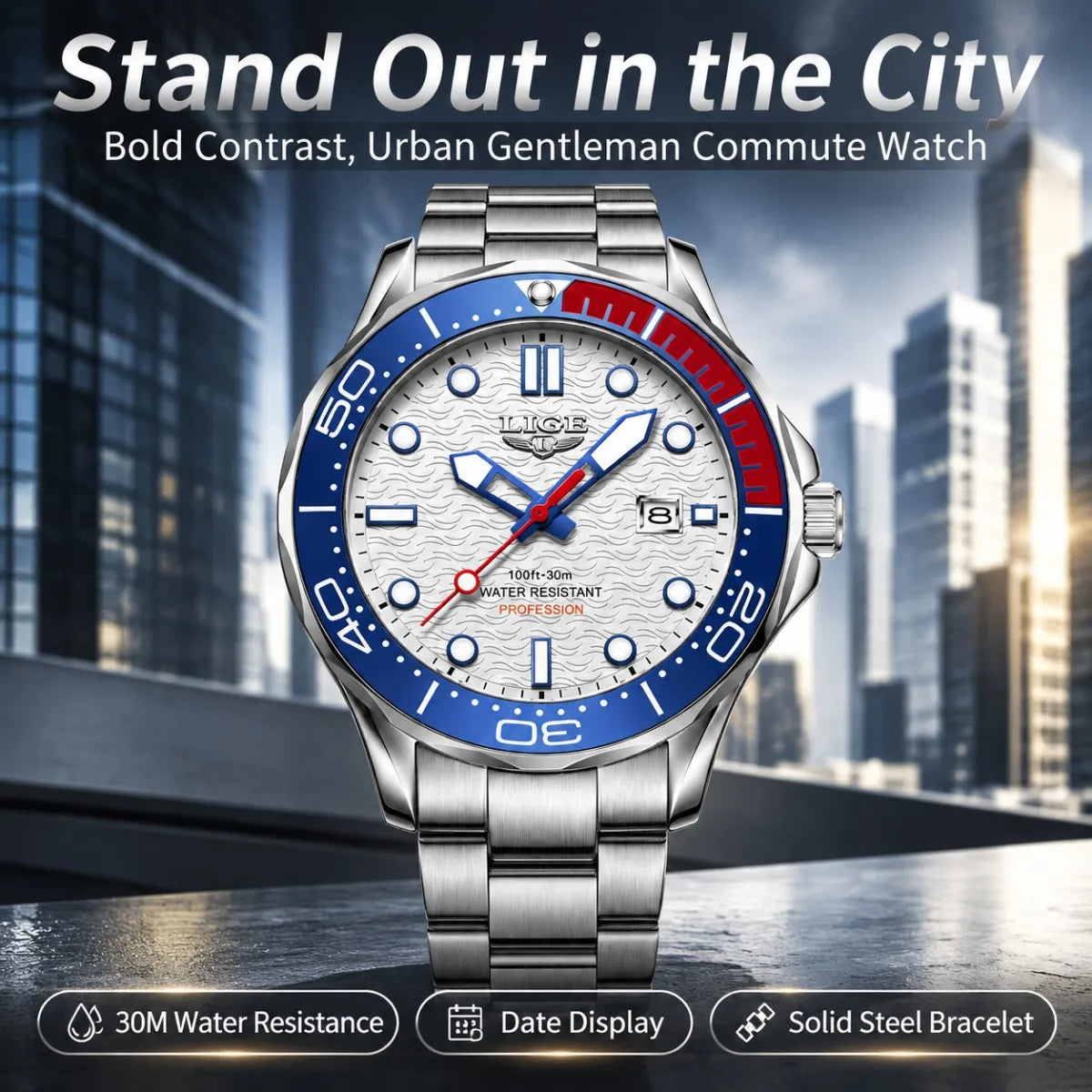 LIGE Nuevo Reloj de Negocios para Hombre, Reloj de Buceo de Lujo de Marca Superior en Azul para Hombre, Reloj Deportivo Impermeable con Fecha, Relogio Masculino, con Caja
