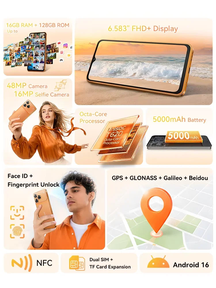 [Envío desde Francia] Smartphone Cubot A50 Android 16GB(6+10) RAM+128GB ROM, 6.58 pulgadas FHD+ 1080*2408, 60Hz, Dual Nano SIM, Batería de 5000mAh, 48MP+16MP, NFC, Face ID