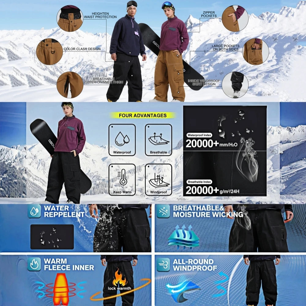 Pantalones de snowboard con bolsillo grande para hombre, pantalones de esquí holgados súper holgados, aislamiento impermeable para campo de nieve, ropa deportiva de invierno para parejas
