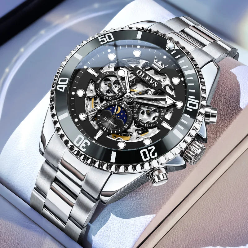 Reloj mecánico para hombre OLEVS 6715, serie de buceo, esfera esqueletizada, acero inoxidable, resistente al agua, fase lunar, fecha, reloj automático de lujo