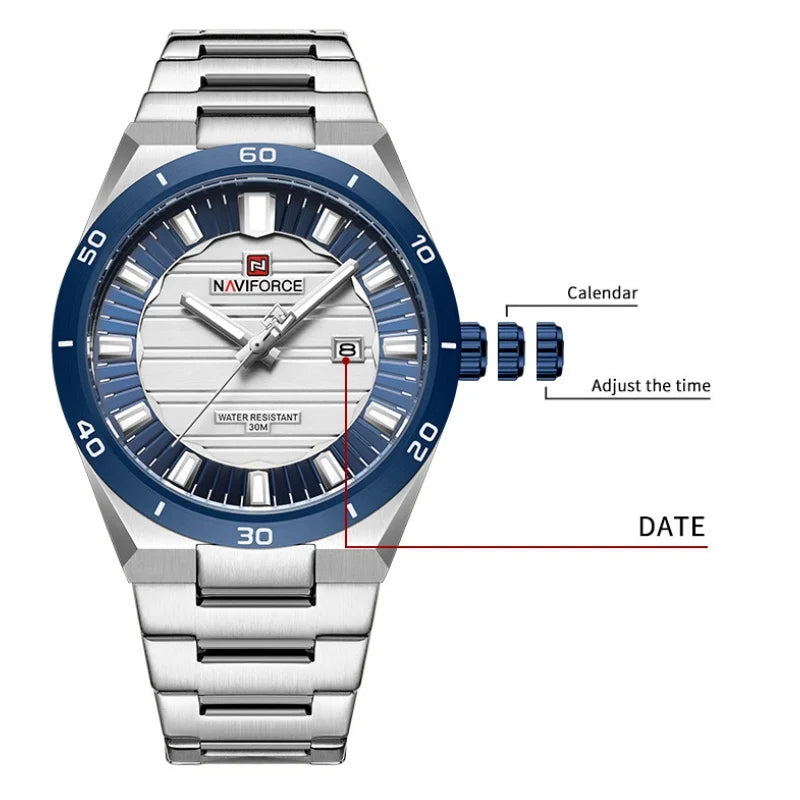 Reloj de pulsera para hombre NAVIFORCE NF9268 de acero inoxidable, resistente al agua 3ATM, diseño sencillo y moderno con manecillas luminosas y calendario.