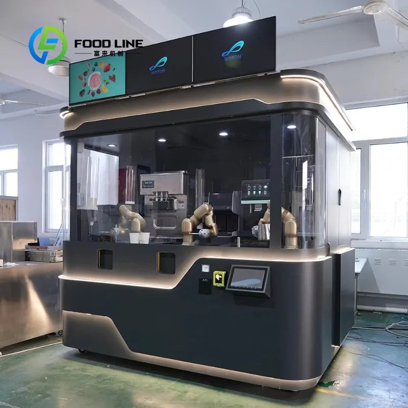 Máquina de café robótica automática con brazos de servicio y cabina de vidrio