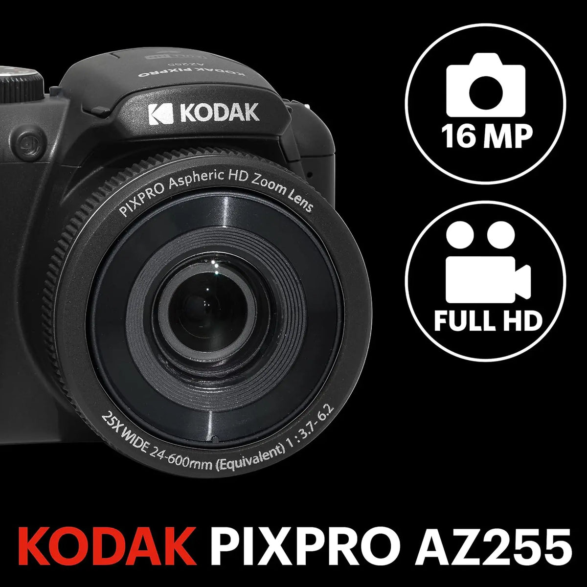 Cámara Digital de 16MP KODAK PIXPRO AZ255 con Pantalla LCD de 3 Pulgadas, Video FHD de 1080P, Cámara Profesional para Vlogs, Zoom Óptico de 25X, Gran Angular de 24mm, OIS