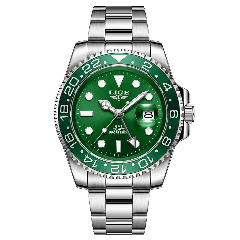 LIGE Top Brand Fashion Men GMT Quartz Watch Luxury Stainless Steel Waterproof Luminous Date Business Mens Watches Reloj Hommes