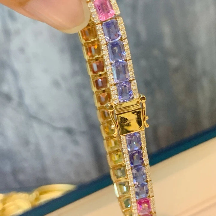 Aazuo Pulsera de lujo de oro amarillo de 18 quilates con zafiro de color natural y diamantes reales para mujer, pulsera de arcoíris para fiesta de compromiso de alta gama