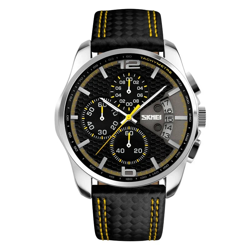 Reloj de pulsera de cuarzo Skmei, marca de lujo con correa de piel, resistente al agua 5Bar, estilo deportivo y elegante para hombre 9106